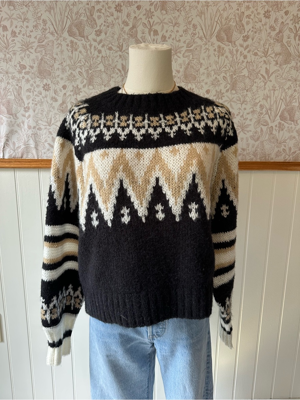 RD Style Black Cream Fair Isle Crewneck Sweater - Picture 2 of 8